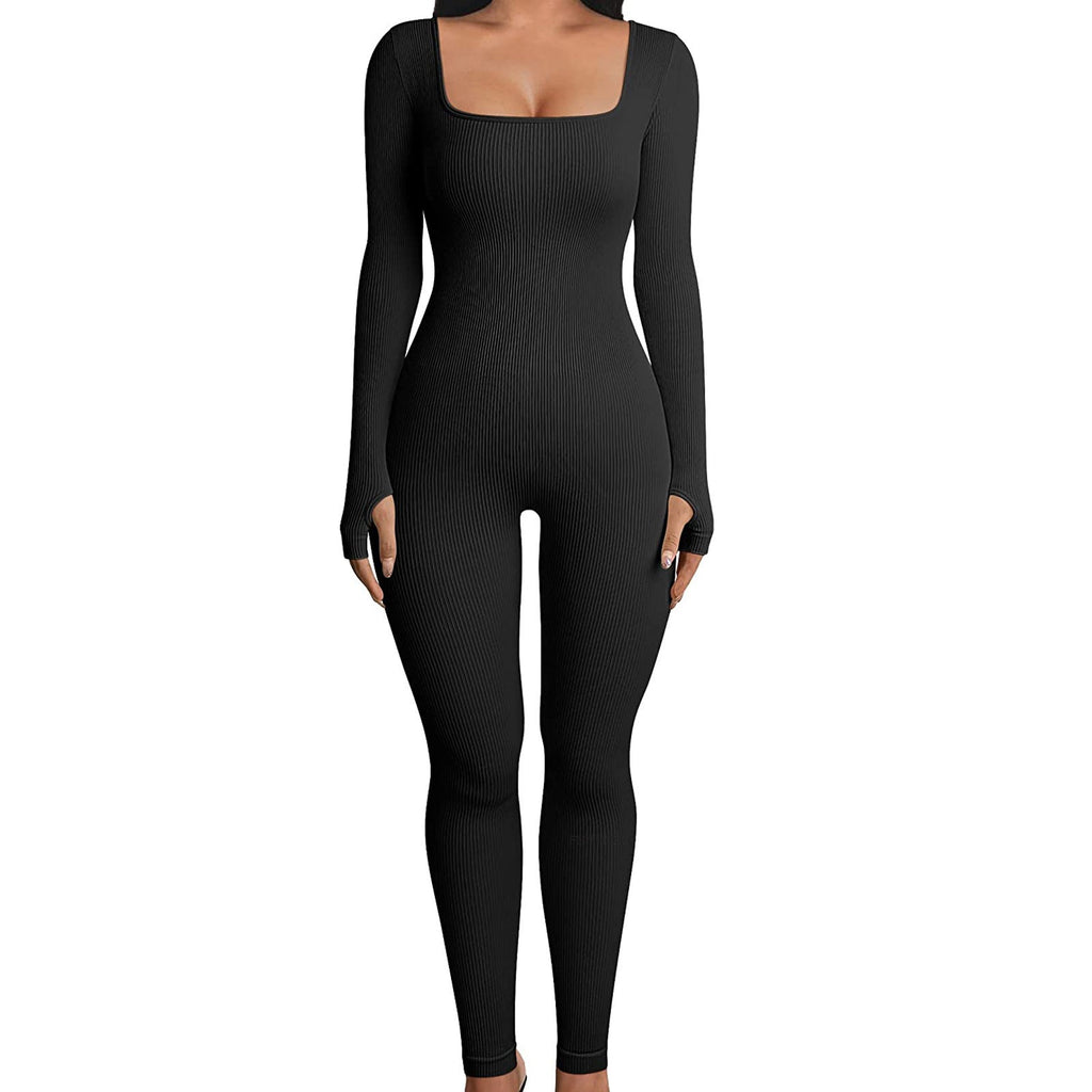 Threaded Square Collar Buttocks Slim Jumpsuit - FASTSHOPP👜