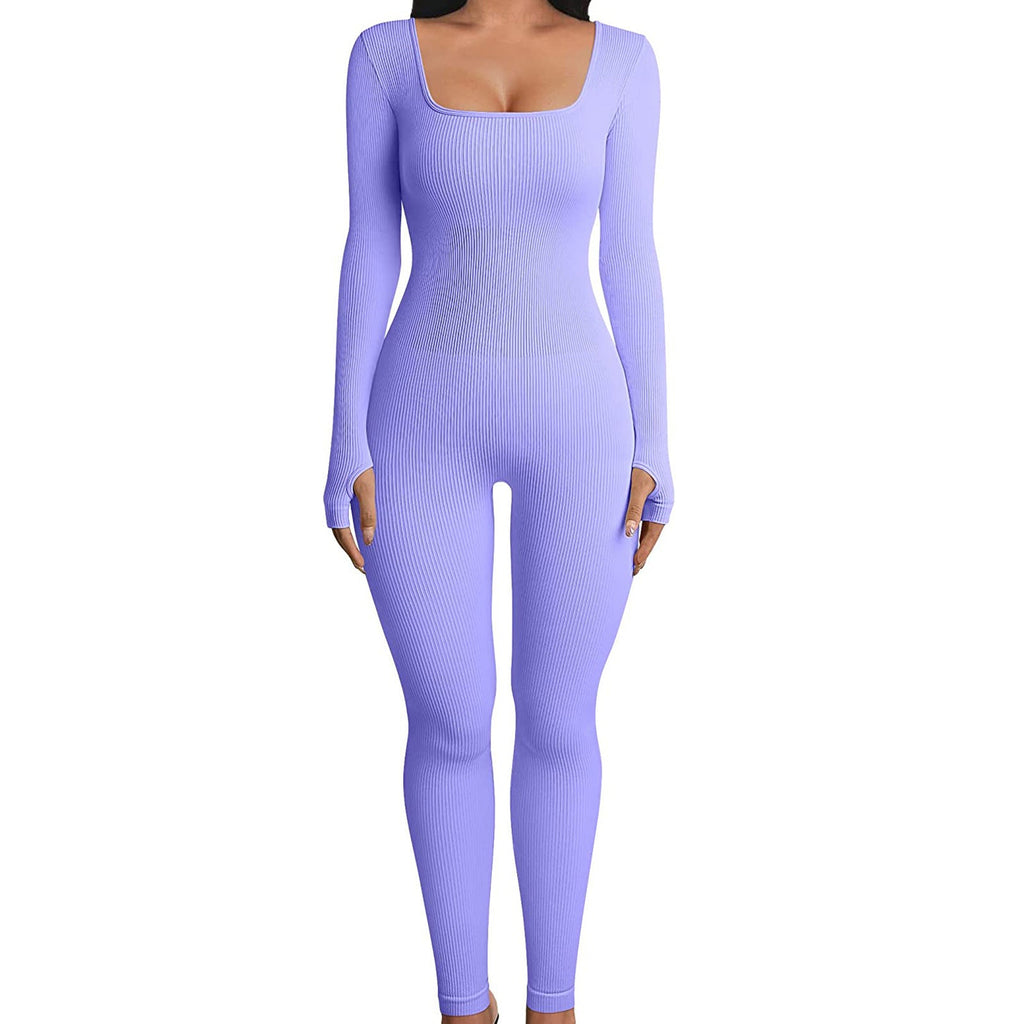 Threaded Square Collar Buttocks Slim Jumpsuit - FASTSHOPP👜