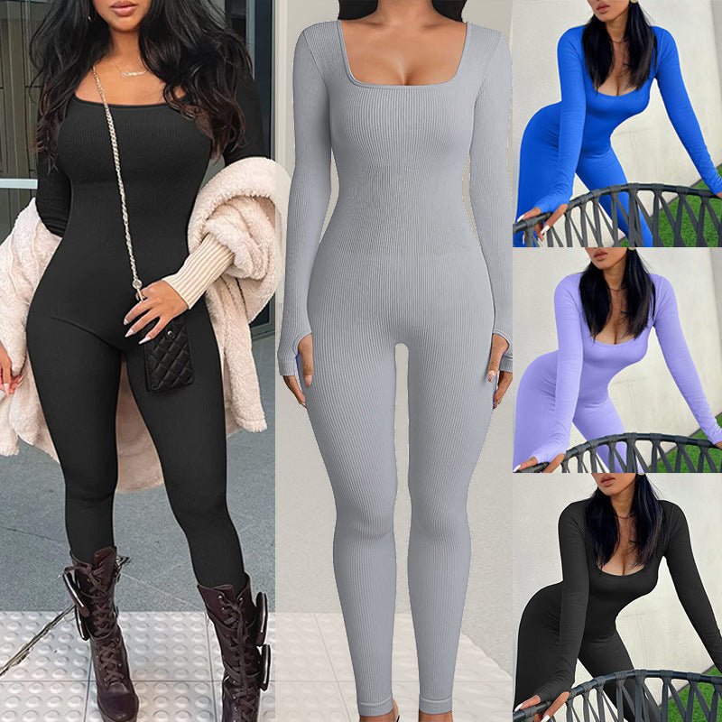 Threaded Square Collar Buttocks Slim Jumpsuit - FASTSHOPP👜