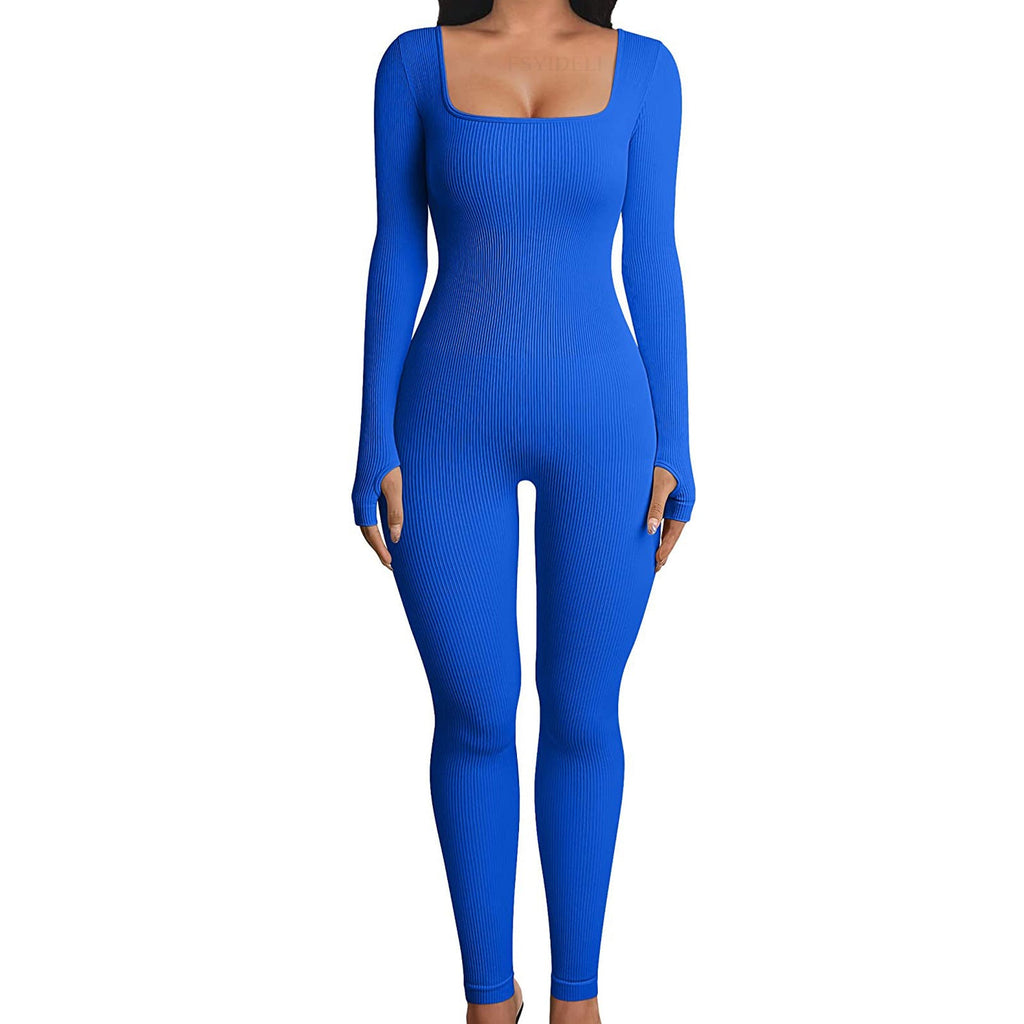 Threaded Square Collar Buttocks Slim Jumpsuit - FASTSHOPP👜