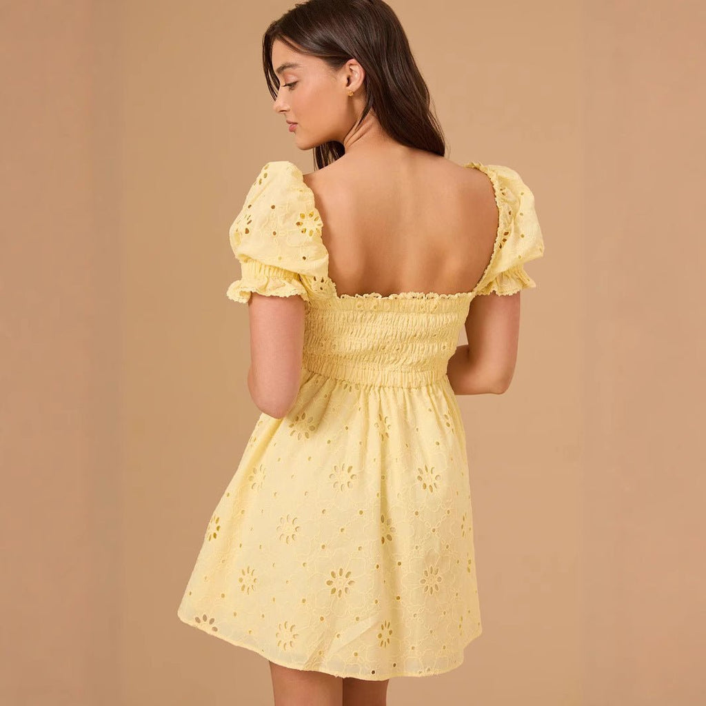 Vacation - style Sweet Embroidered Square - neck Dress - FASTSHOPP👜