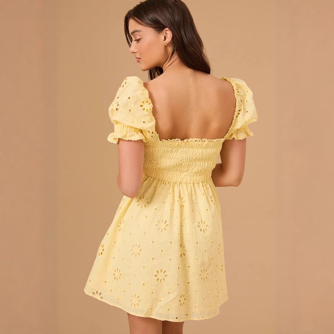 Vacation - style Sweet Embroidered Square - neck Dress - FASTSHOPP👜