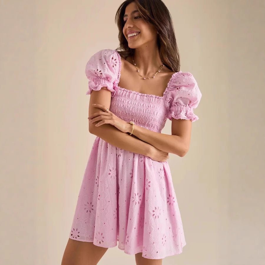 Vacation - style Sweet Embroidered Square - neck Dress - FASTSHOPP👜