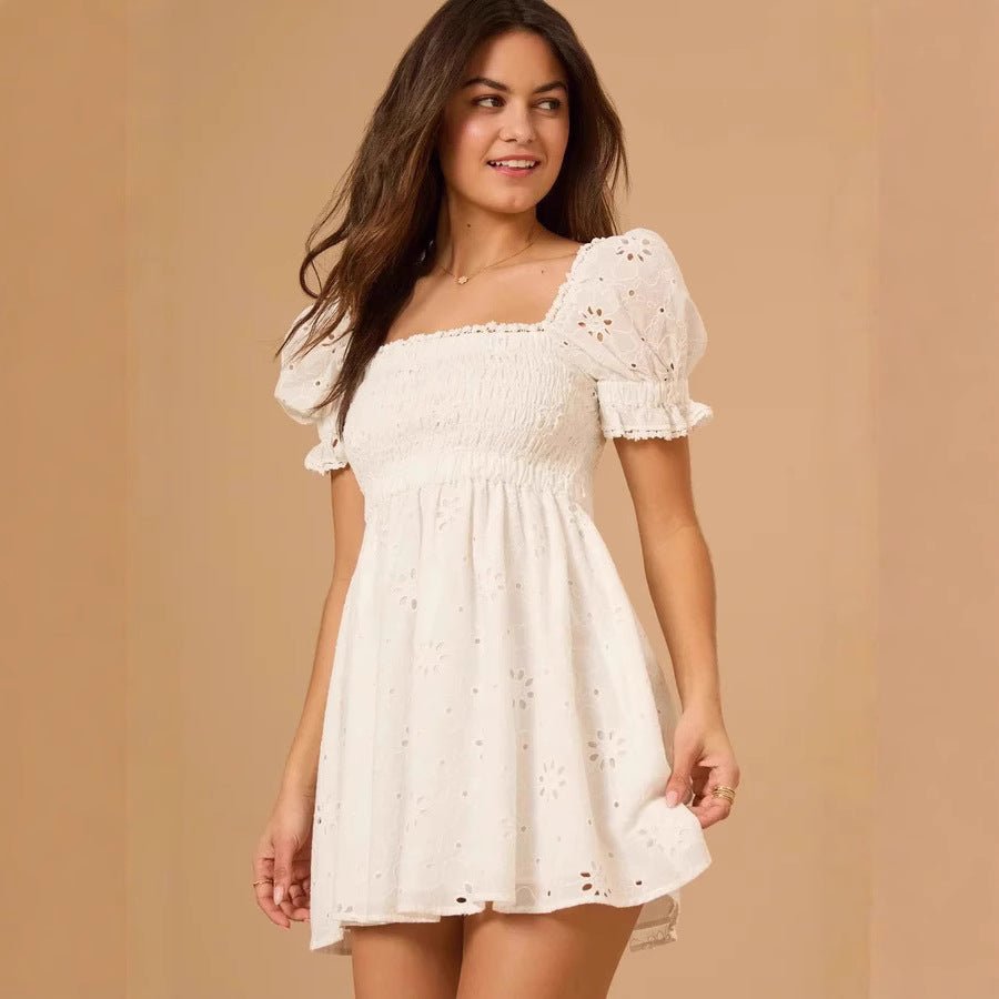 Vacation - style Sweet Embroidered Square - neck Dress - FASTSHOPP👜