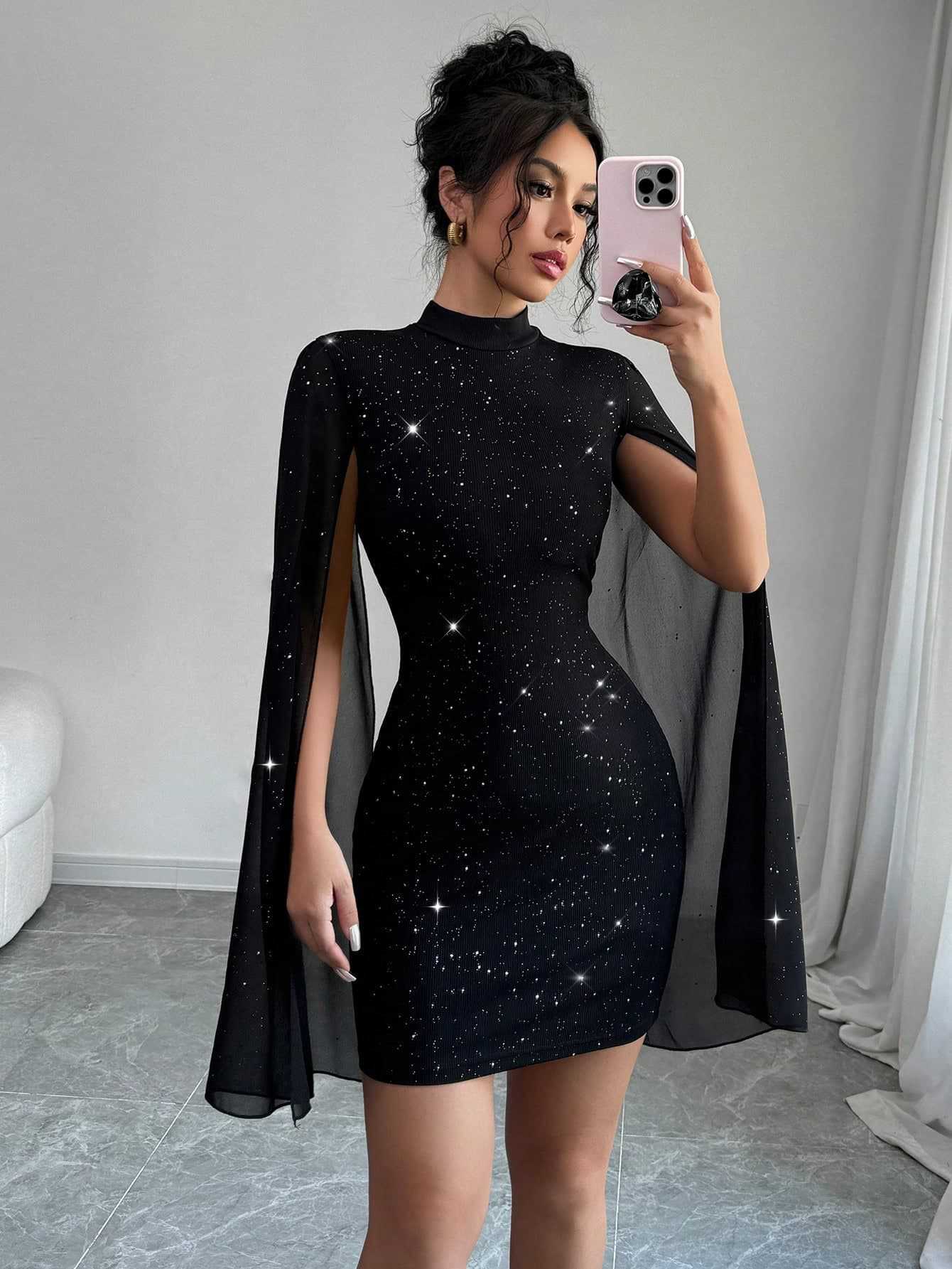 Women's Sexy Elegant Evening Party Dresses Round Neck Pit Stripe Pearl Chiffon Cape Sleeve Wrapped Hip Dress - FASTSHOPP👜