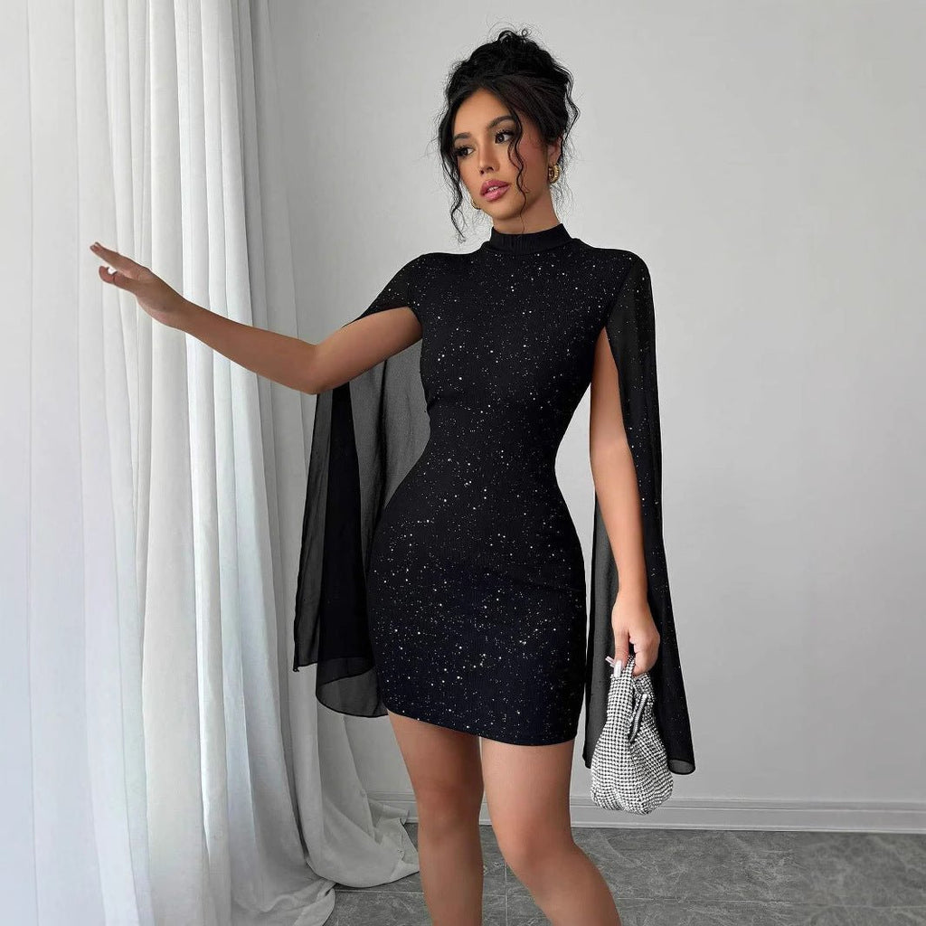 Women's Sexy Elegant Evening Party Dresses Round Neck Pit Stripe Pearl Chiffon Cape Sleeve Wrapped Hip Dress - FASTSHOPP👜
