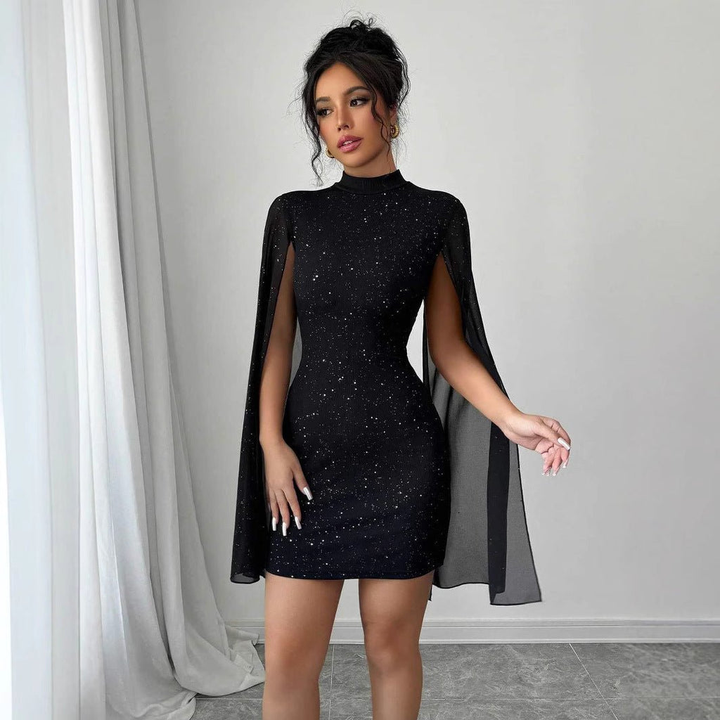 Women's Sexy Elegant Evening Party Dresses Round Neck Pit Stripe Pearl Chiffon Cape Sleeve Wrapped Hip Dress - FASTSHOPP👜