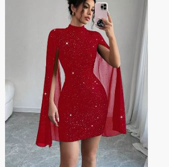Women's Sexy Elegant Evening Party Dresses Round Neck Pit Stripe Pearl Chiffon Cape Sleeve Wrapped Hip Dress - FASTSHOPP👜