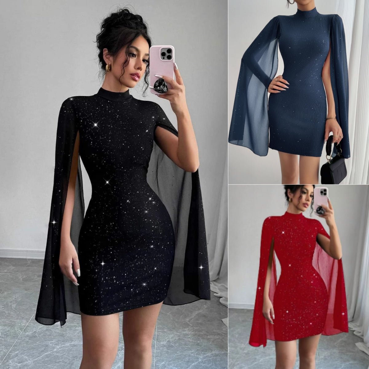 Women's Sexy Elegant Evening Party Dresses Round Neck Pit Stripe Pearl Chiffon Cape Sleeve Wrapped Hip Dress - FASTSHOPP👜