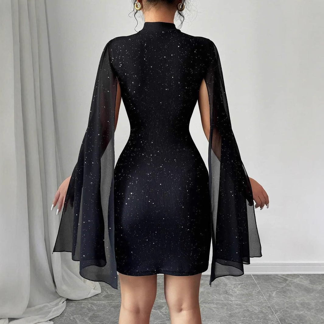 Women's Sexy Elegant Evening Party Dresses Round Neck Pit Stripe Pearl Chiffon Cape Sleeve Wrapped Hip Dress - FASTSHOPP👜