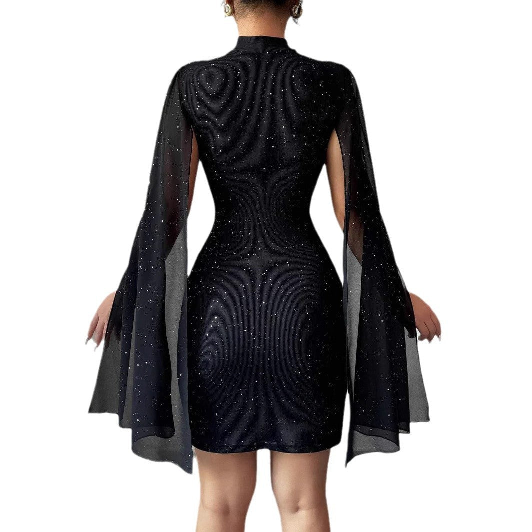 Women's Sexy Elegant Evening Party Dresses Round Neck Pit Stripe Pearl Chiffon Cape Sleeve Wrapped Hip Dress - FASTSHOPP👜